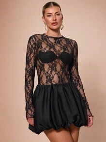 SHEIN BAE Damen weißes einfarbiges Mini-Kleid für Partys/Dates/Feste, sexy, elegantes Mini-Kleid mit transparenter Spitzenverarbeitung, ballonförmigem Saum und Langarm, für Halloween, Homecoming, Cluboutfit - Schwarz - Übersicht 6