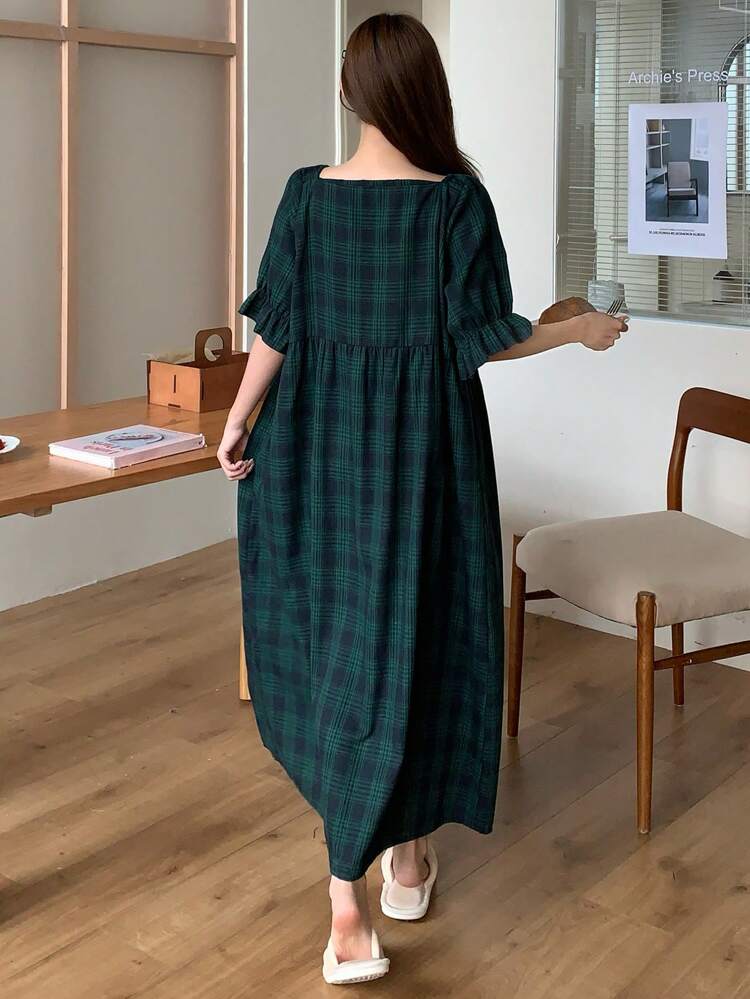 Casual Plaid Print Ruffle Sleeve Short Sleeve Nightdress Pajama, Moo Moo