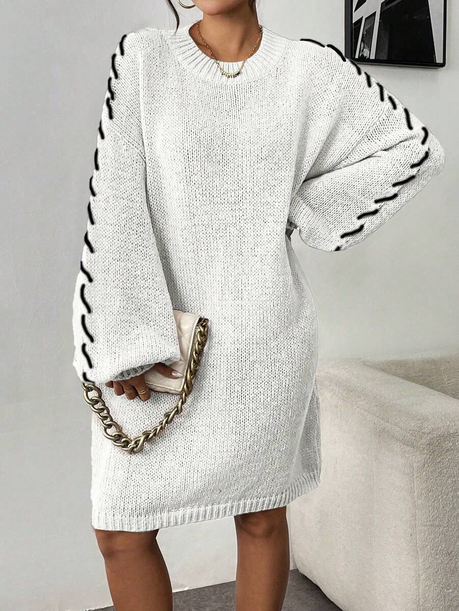 SHEIN Unity 带纽扣绳设计的立领休闲宽松女式毛衣裙 - 白色 - 查看 1