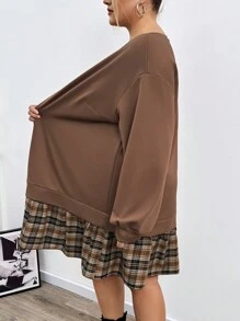 SHEIN CURVE+ Plus Size Women's Plaid Panel Drop Shoulder 2 In 1 Sweatshirt Dress - Multicolor - View 4