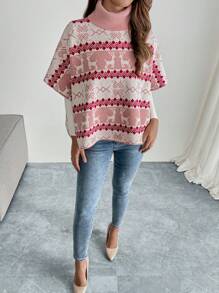 SHEIN Privé Women High Neck Batwing Sleeve Cover Up Style Sweater - Multicolor - View 6