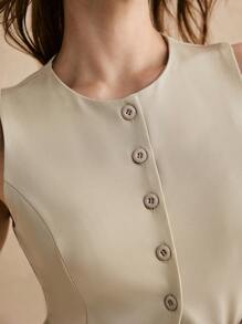 Poéselle Women's Solid Color Round Neck Front Button Elegant Sleeveless Blouse