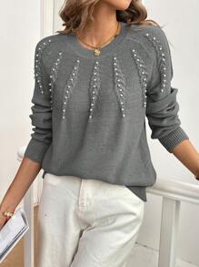 SHEIN Clasi 1 chiếc áo len nữ cổ tròn tay dài đính ngọc trai, kiểu dáng thường ngày, thích hợp mặc mùa thu đông. - Xám - Xem 1