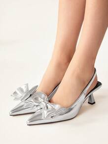 CUCCOO CHICEST Scarpe con tacco basso a punta con fiocco argento e cinturino posteriore, adatte per casual, feste, vacanze, primavera, Easter, Prom, Natale