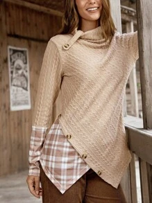LanaWest LanaWest Damesmode Casual Losse T-shirt met Lange Mouwen, Opstaande Kraag, Knoopmanchetten, Patchwork Plaid Print, Asymmetrische Zoom, Herfst/Winter