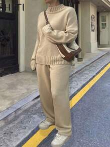 Calvaya Plus Size Casual Solid Color Sweater & Pants Set, Autumn/Winter