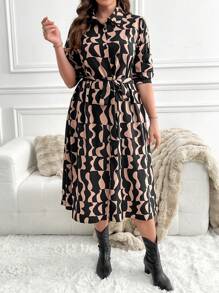 SHEIN LUNE Plus Size Button Front Long Sleeve Allover Print Casual Dress Plus Size Fall Clothes Dresses For Women Thanksgiving Outfit Women New Years Women Outfit Winter Dresses Winter Clothes Women Rave Outfits - Multicolor - View 6