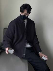 DAZY 男士休闲海军蓝前扣开衫毛衣，秋季夹克 - 藏蓝色 - 查看 3