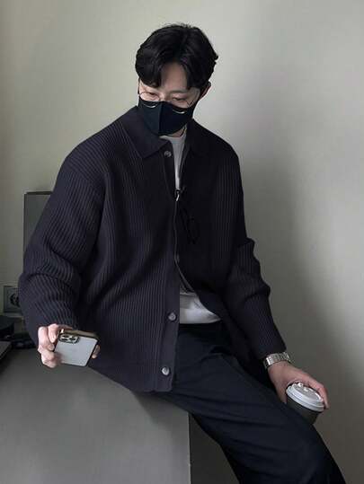 DAZY Áo len cardigan cài nút phía trước màu xanh navy thường ngày cho nam, áo khoác mùa thu