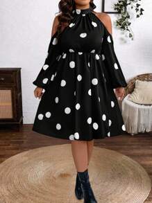SHEIN Clasi Váy hở vai nhún eo in họa tiết chấm bi thanh lịch cỡ lớn, mùa thu - Đen và trắng - Xem 7
