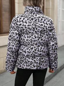 EMERY ROSE Women's Leopard Pattern Front Zipper Long Sleeve Casual Padded Coat - Mauve Purple - View 2
