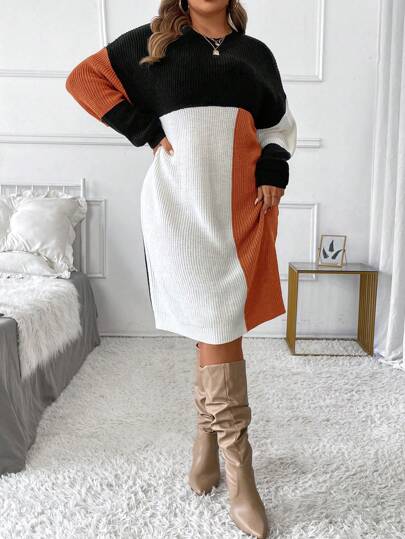SHEIN Clasi Plus Size Women's Elegant Color Block Spliced Round Neck Long Sleeve Drop Shoulder Autumn Winter Warm Sweater Dressbusiness Casual Woman,Work Wear,Fall Wedding Guest Dress,