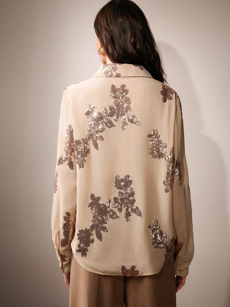 French Elegant Rose Embroidery & Pearl Beads Semi-Sheer Blouse Women Shirt