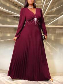 Cravure Đầm Maxi Tay Dài Cổ Chữ V Xếp Ly Kiểu Dáng Cao Cấp Thanh Lịch Cho Nữ, Phong Cách Sang Trọng, Màu Đỏ Burgundy, Trang Phục Giáng Sinh Cho Nữ - Màu Đỏ Sâu - Xem 4