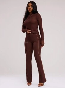 MUSERA Sheer Stitched Flare Trousers Summer Casual - Coffee Brown - View 3