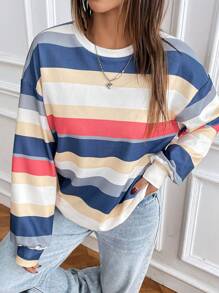 SHEIN LUNE Striped Print Colorblock Round Neck Casual Versatile Long Sleeve Sweatshirt Graduation,Back To School Outfits,Graduation,Teacher Outfits For Women,Back To School Pullover Fall Outfit