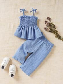 Souflis Souflis 寶寶女童純色針織上衣和褲子套裝，夏季泡沫肩褶邊設計