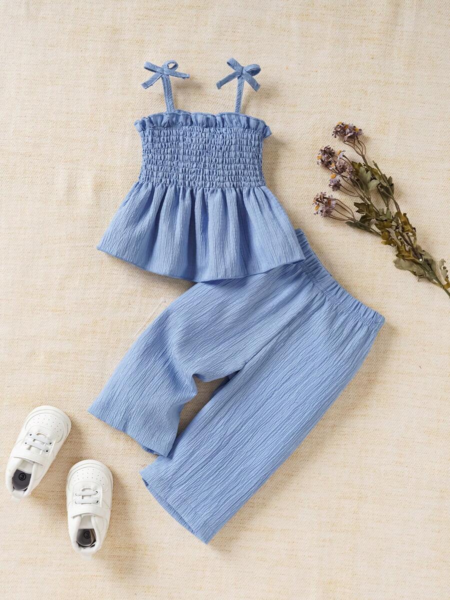 Souflis Souflis 寶寶女童純色針織上衣和褲子套裝，夏季泡沫肩褶邊設計