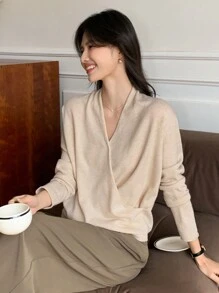 DAZY كنزة صوفية صوفية أنيقة وأنيقة بياقة على شكل V وأكمام طويلة، لون أحادي، تفاف متقاطع، للموسم الخريفي