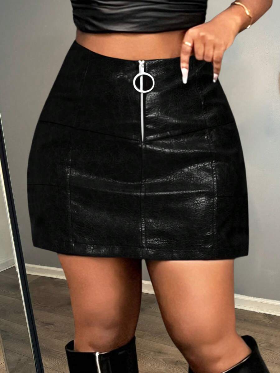 Slaydiva New Elegant Women's Middle Front Zipper Ring Decorated V Split Red Brown Glossy PU Mini Skirt Women's Skirt - Black - View 1