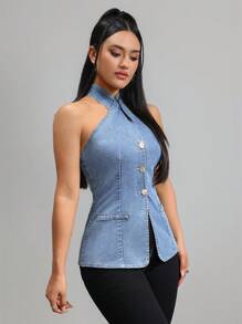 K-Vae Women Sexy Bodycon Halter Denim Top, Blue