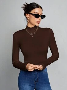 SHEIN Tall Atasan Putih Polos Sederhana dengan Kerah Tinggi, Cocok untuk Musim Gugur dan Musim Dingin, untuk Wanita Tinggi - Coffee Brown - View 3