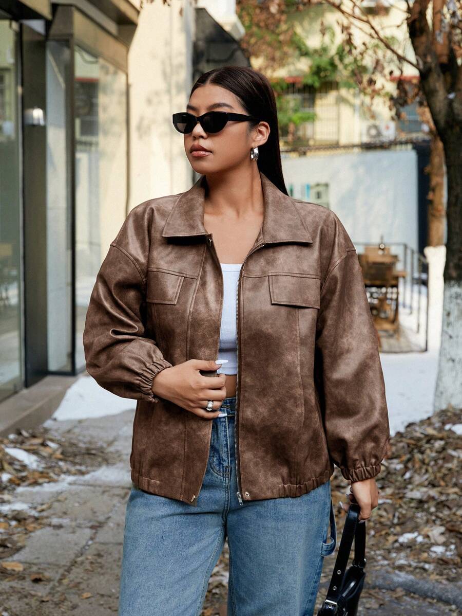 Flirla Autumn/Winter New Arrival Stand Collar Long Sleeve Zip-Up Faux Leather Motorcycle Jacket - Brown - View 1