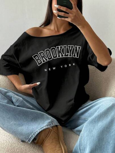 Flirla Women Solid Color Asymmetric Shoulder Short Sleeve Letter Print Casual Top Graphic Tees Women Tops