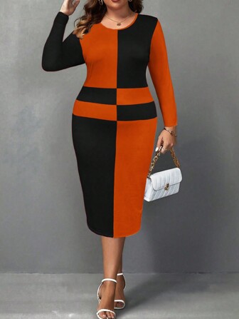 SHEIN Clasi Robe longue ajustée à col rond en couleurs contrastées, tenue décontractée pour femmes grande taille, automne