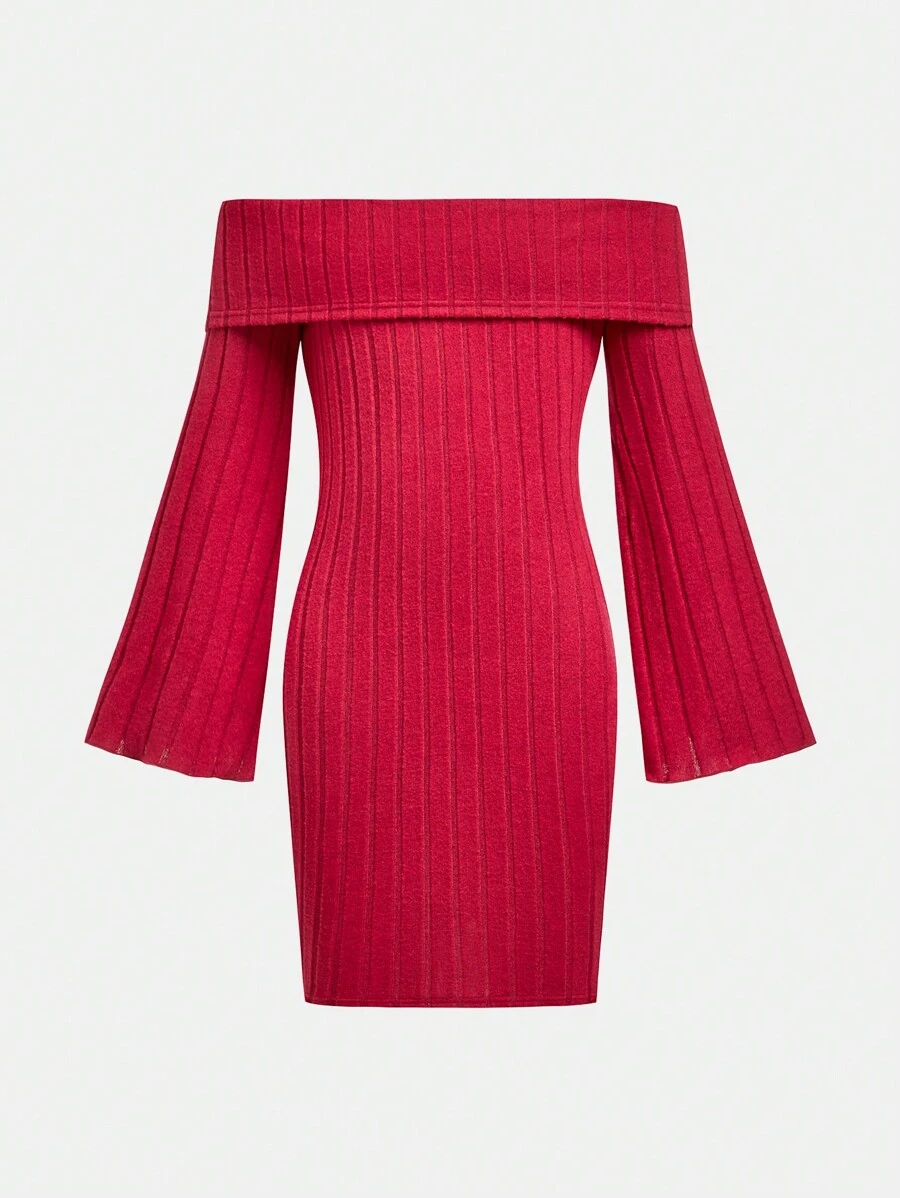 SHEIN Girlism Vestido ajustado de punto acanalado con hombros descubiertos y mangas de campana, casual y sencillo para niña preadolescente - Burdeos - Ver 1