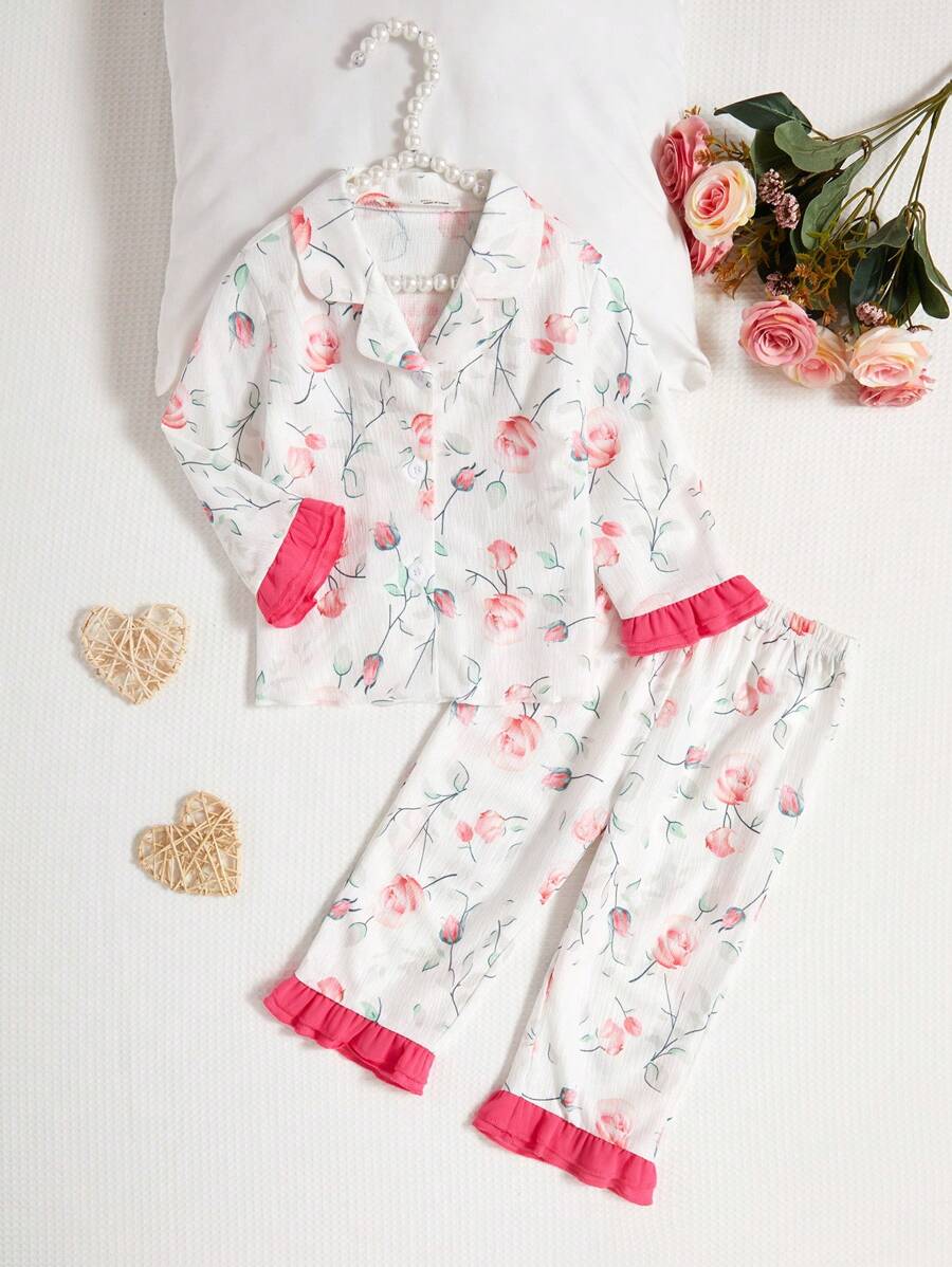 Bộ 2 món áo dài tay in hoa dễ thương cho bé gái và quần dài, màu tím, trang phục mặc nhà thanh lịch - Nhiều màu - Xem 1