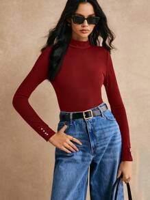 Poéselle Women Solid Color Ribbed Knit Gold Button Decor Fitted T-Shirt, Casual Style For Spring & Autumn - Burgundy - View 5