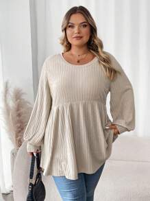 SHEIN CURVE+ 大码圣诞娃娃纹理羊毛圆领休闲 T 恤上衣 - 杏色 - 查看 3