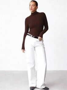 INAWLY Women Stand Collar Long Sleeve Solid Color Simple T-Shirt, Casual For Daily Wear