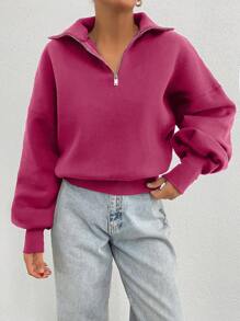 EURMUSE 100% Cotton Collar With Zipper Pattern Oversize Sweatshirt - Pink - View 3