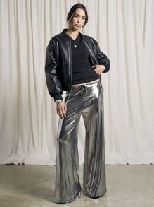 AiiRZ Metallic Finish Wide Leg Trousers With Drawstrings - Black - View 4