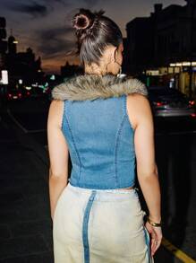 SHEIN ICON 女式蓬松领无袖牛仔上衣 - 藍色 - 查看 4