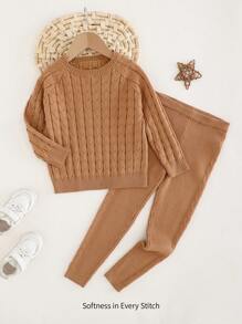 Cozy Pixies Young Girls Solid Color Knit Soft Round Neck Long Sleeve Sweater And Long Pants 2 Pieces Set - Khaki - View 5