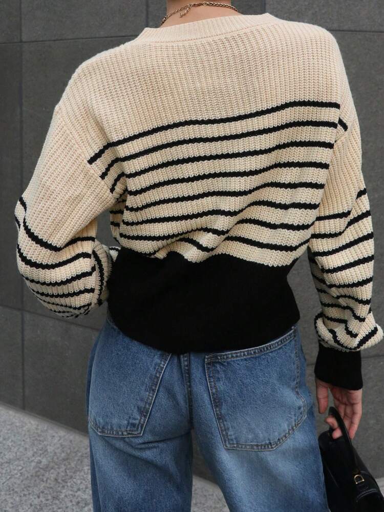 Contrast Striped Loose Crew Neck Long Sleeve Split Side Women Sweater,Fall Women Clothes