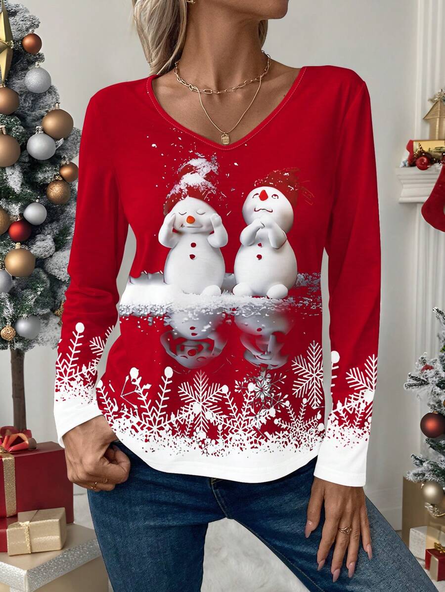 INAWLY 女士休闲宽松V领长袖T恤，可爱雪人印花，秋冬/春季新年图案T恤，女士春季上衣 - 紅色 - 查看 1