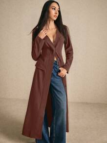 Poéselle 1 pieza Abrigo largo sencillo de mujer de manga larga de un solo color con botones al frente y bolsillo