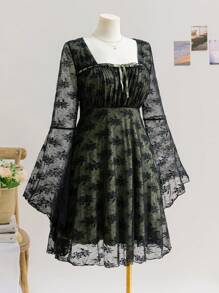 Soleia Đầm midi babydoll tay dài phối ren màu khối cho mùa tựu trường/nghỉ lễ cỡ lớn dành cho nữ, phù hợp cho mùa thu - Nhiều màu - Xem 2