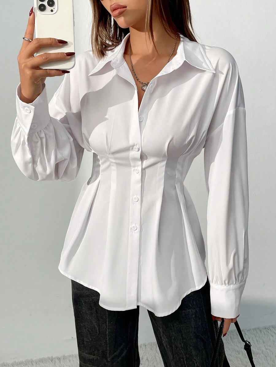 Chiquease 1 chiếc áo sơ mi nữ tay dài màu trắng, thắt eo, viền bất đối xứng, thường ngày, tay dài - trắng - Xem 1