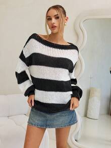 Forever 21 女士休闲宽松落肩条纹针织毛衣，适合秋冬季日常穿着 - 黑與白 - 查看 7