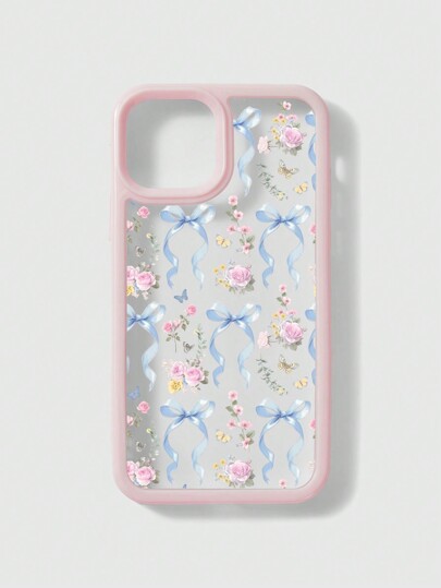 Kawaii 1 pièce Étui de téléphone intelligent blanc avec motif floral bleu élégant et nœud