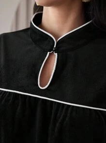 Al Najma 女士旗袍领水滴形撞色超大边宽松褶皱优雅连衣裙，休闲束腰长裙，适合日常休闲