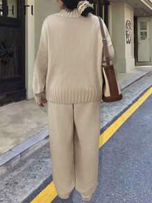 Calvaya Plus Size Casual Solid Color Sweater & Pants Set, Autumn/Winter