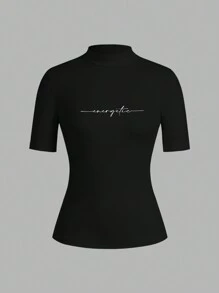 SHEIN EZwear 2pcs Women Set Consisting Of Turtleneck Form-Fitting Long Sleeve T-Shirt With English Text