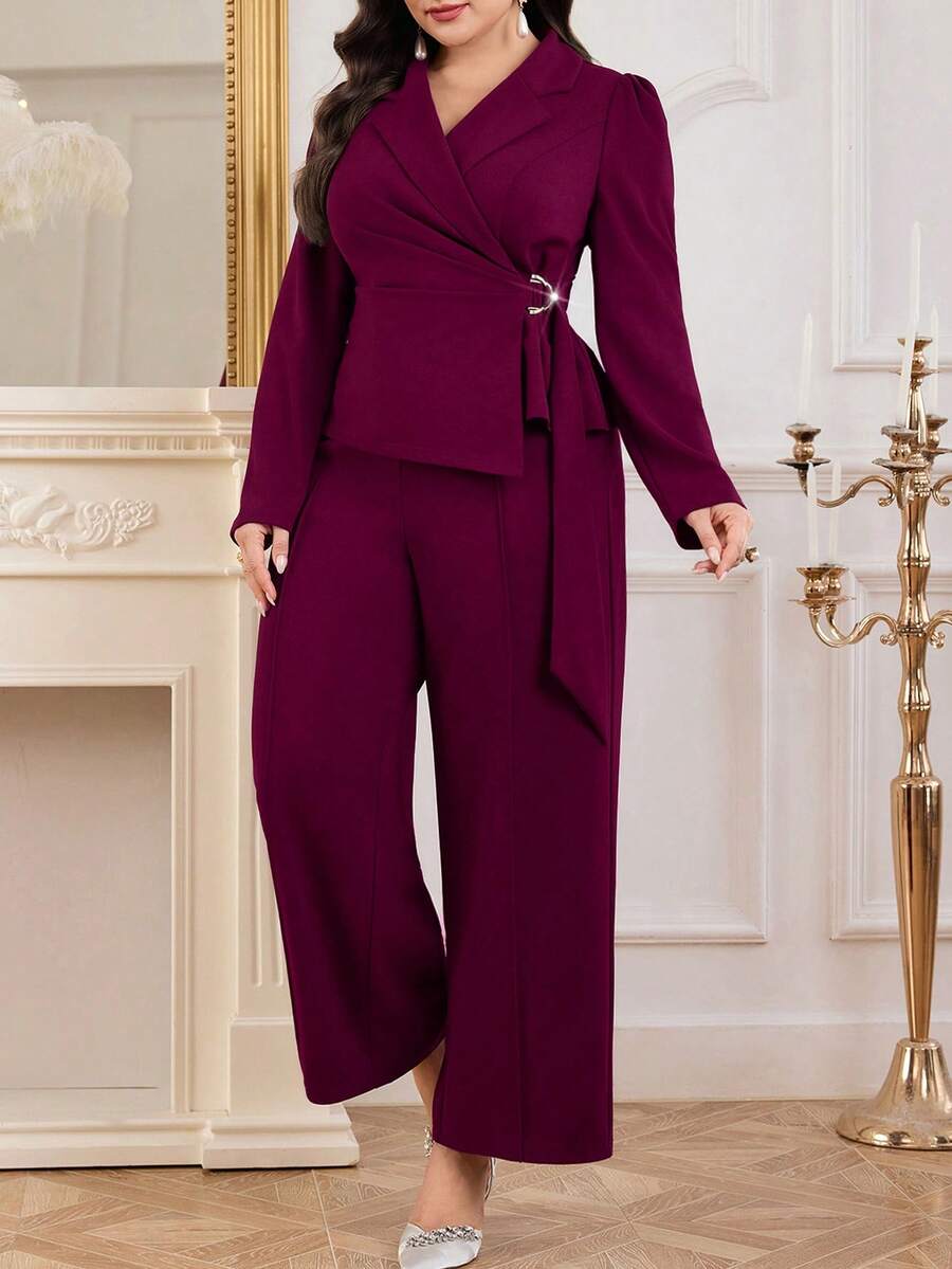 Modelyn 大码女式纯色翻领褶裥裹身夹克和裤子优雅套装 - 紫色 - 查看 1