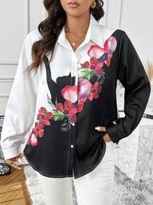 Celure Cárdigan de manga larga con estampado elegante de flores y gatos para mujer